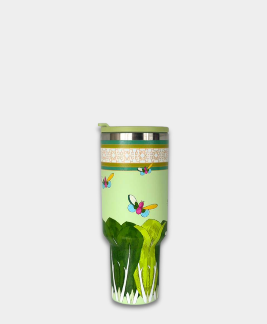 Green travel tumbler with bok choy, butterfly design, and silver lid from La Casona Edit