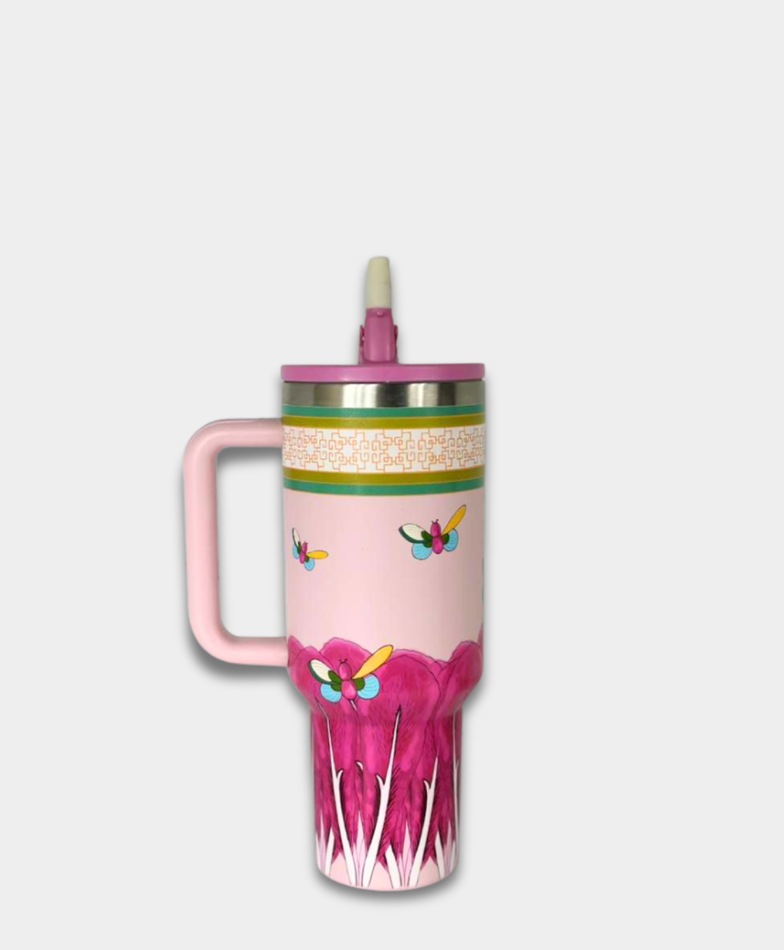 Pink travel mug with handle, butterfly and bok choy design, La Casona Edit style