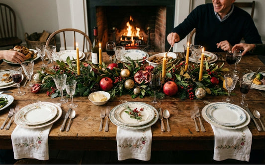 Festive holiday tablescape with candles, pomegranates, greenery, and elegant dinnerware by La Casona Edit