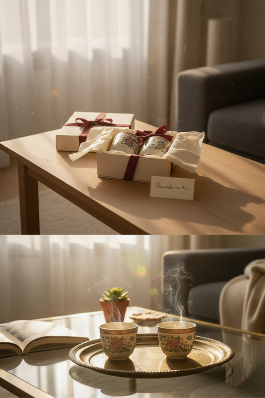 Gift box with floral teacups and ribbon on wooden table, cozy living room, La Casona Edit