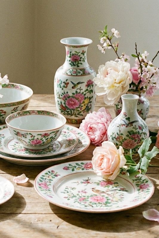 Rose Canton porcelain plates, bowls, and vases with floral bird designs on rustic wood table