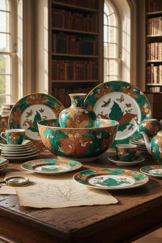 Elegant ceramic dinnerware with leaf and butterfly designs displayed on a wooden table in a library