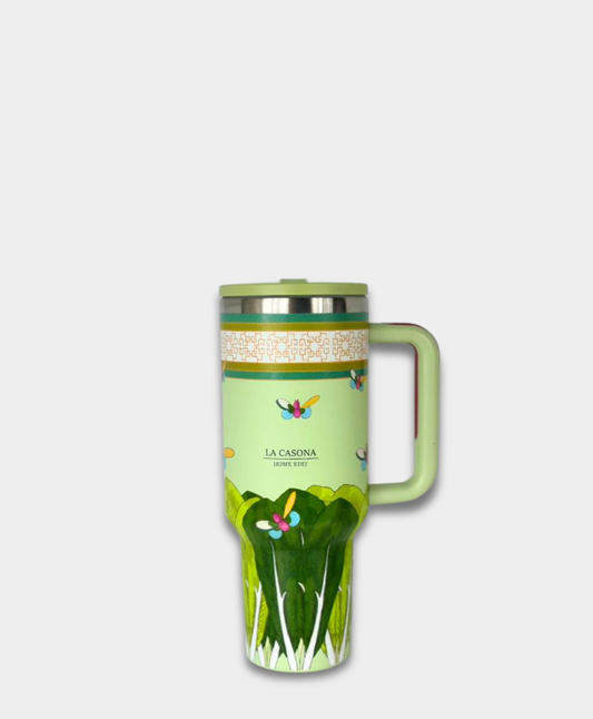 La Casona Edit Collectible tumbler inspired by vintage china, designed for everyday use. Green box choy china pattern