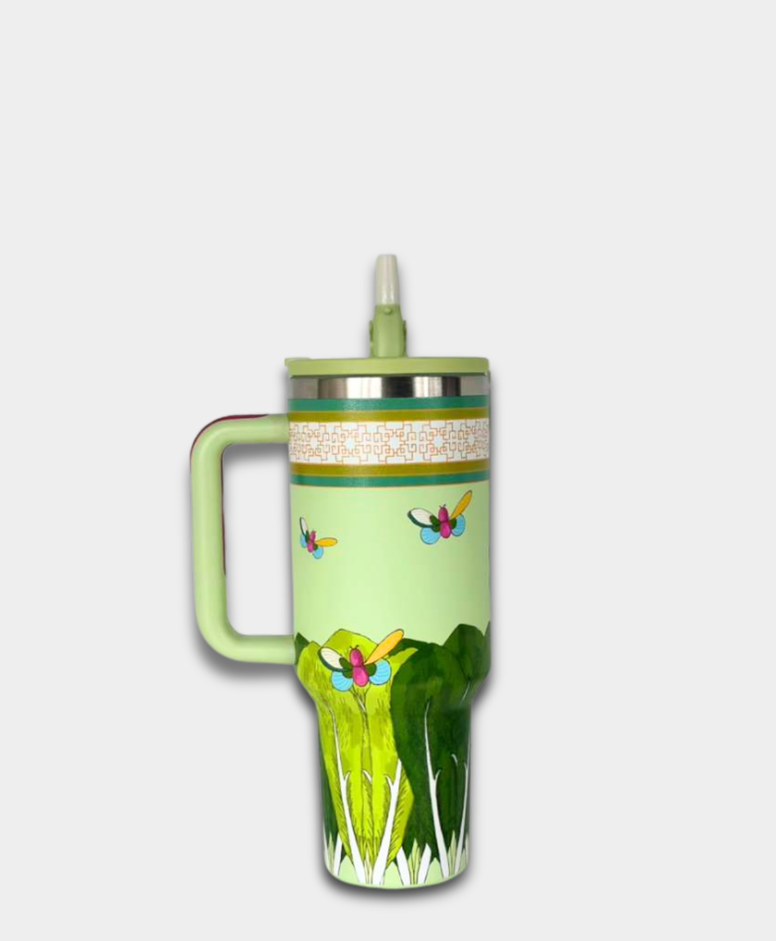 Green travel mug with bok choy and butterfly design, La Casona Edit product photo
