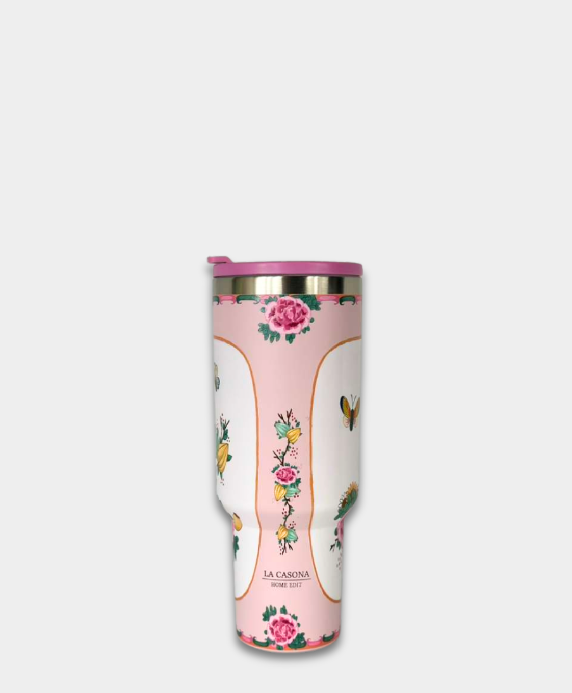 Pink La Casona Edit tumbler with floral and butterfly design on white background