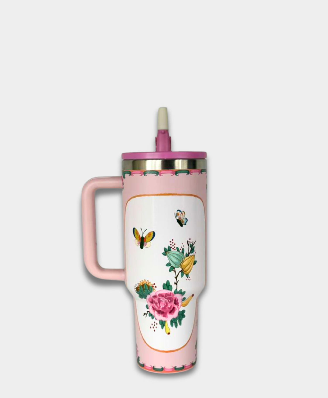 Pink floral travel tumbler with butterflies and handle, La Casona Edit exclusive design