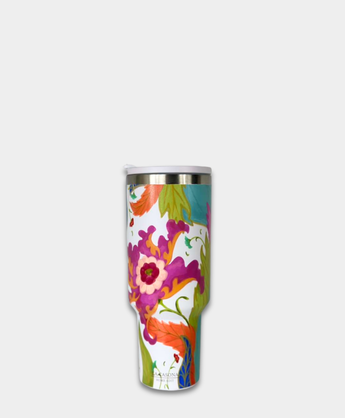 La Casona Edit tumbler with vibrant floral and leaf design on white background